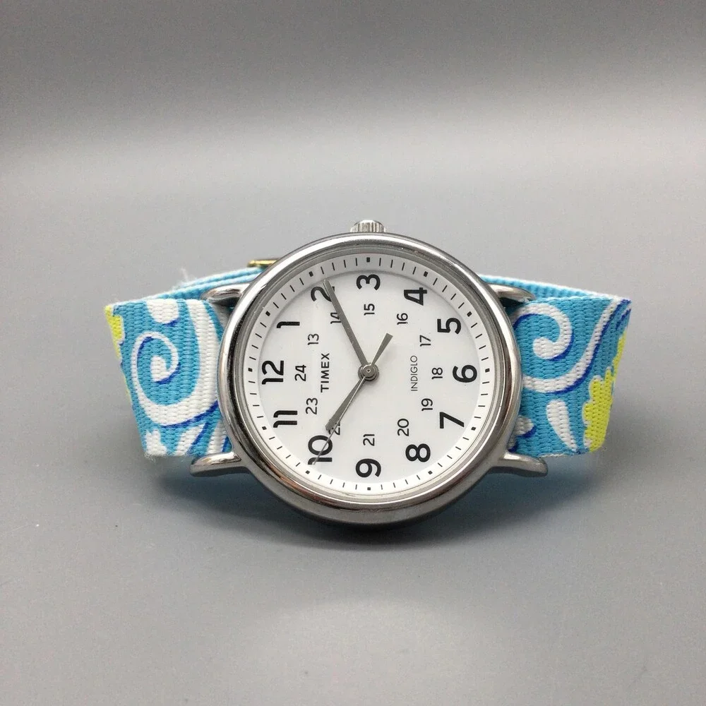 Timex Womens Watch 38mm White Dial Blue Floral Nylon Band Indiglo TW2R24000 - Picture 6 of 15